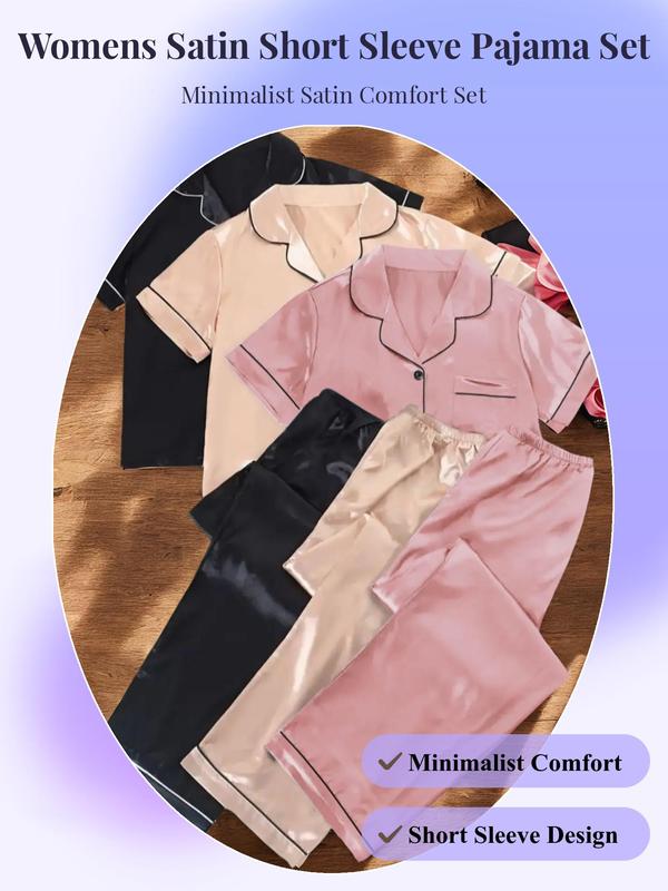 Womenswear Solid Satin Homewear Pyjama Set, Short Sleeve Lapel Neck Pocket Shirt & Elastic Waist Pants PJ Set, Minimalist Comfortable Sleepwear Set for Women